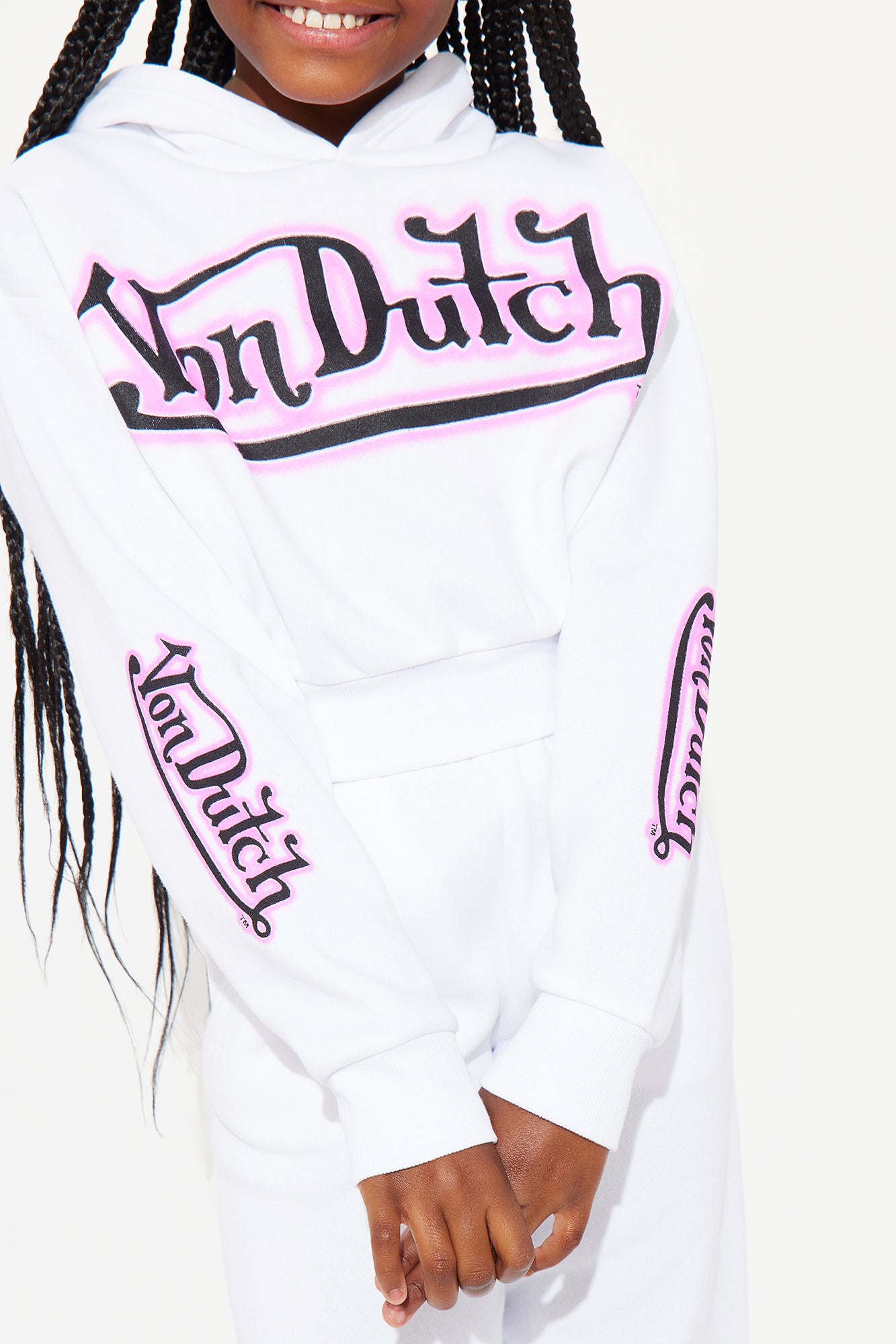 Mini Von Dutch Graffiti Cropped Hoodie - White/Pink - Image 4