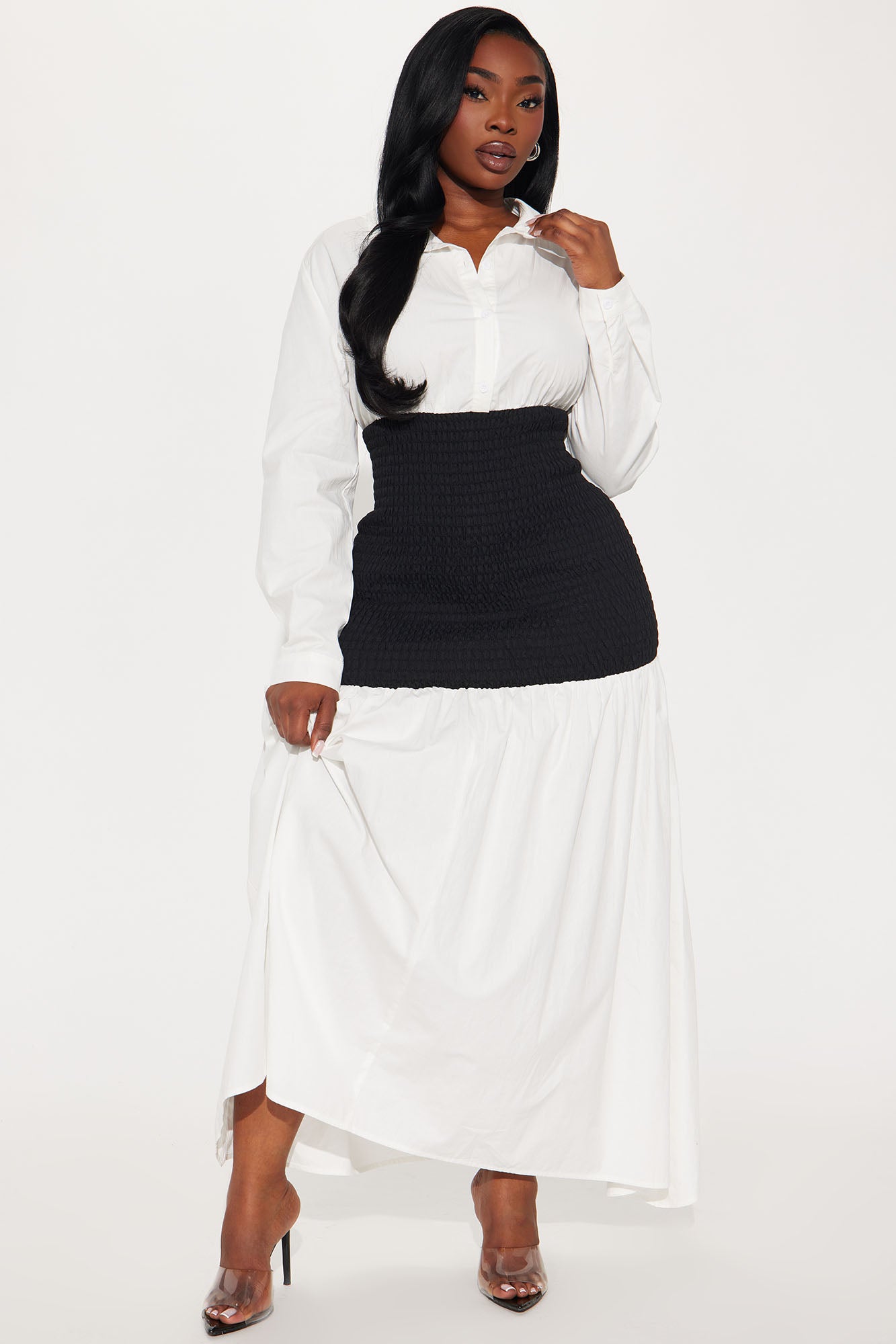 Olivia Smocked Maxi Shirt Dress - White/Black - Image 4