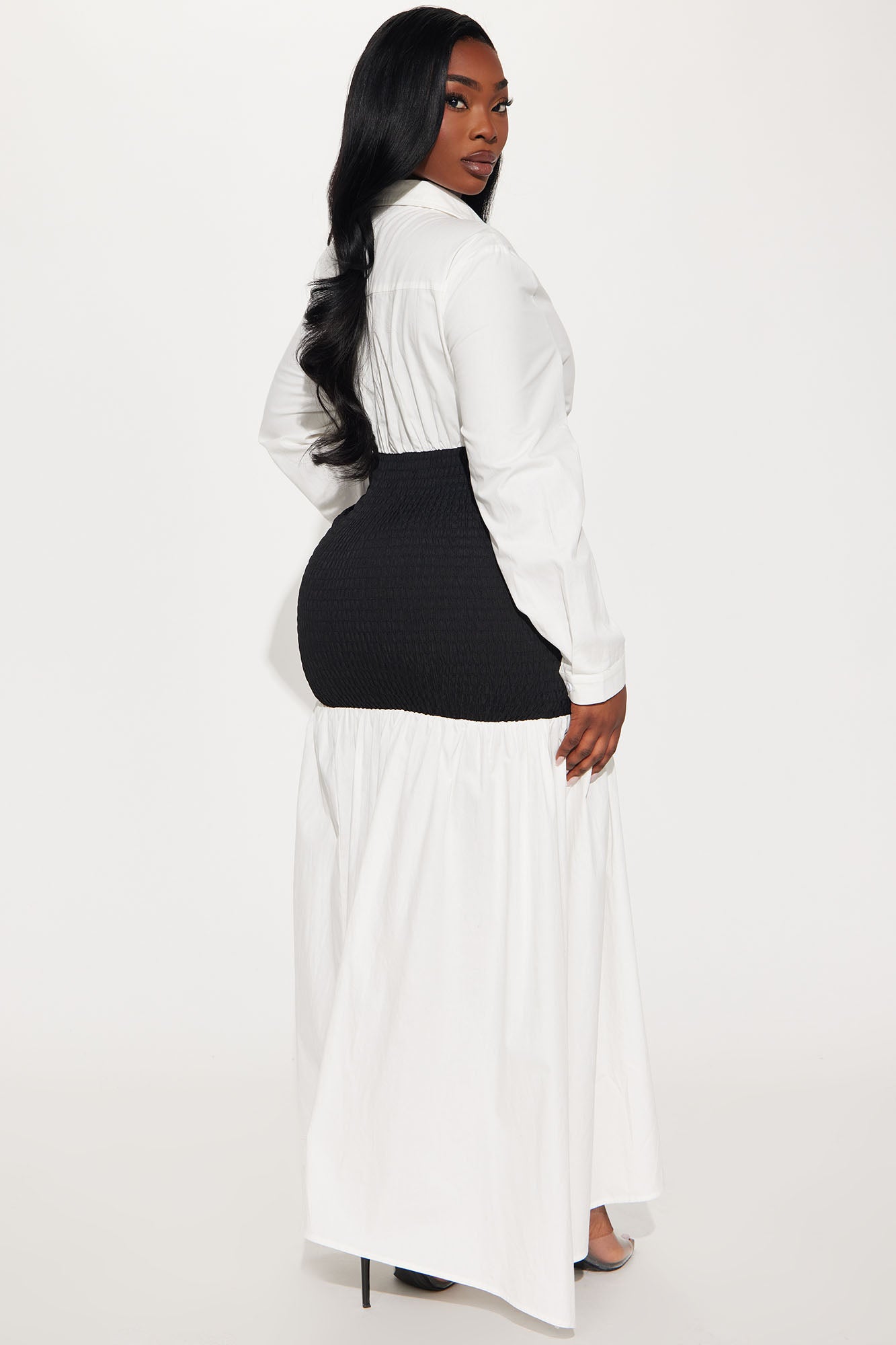 Olivia Smocked Maxi Shirt Dress - White/Black - Image 6