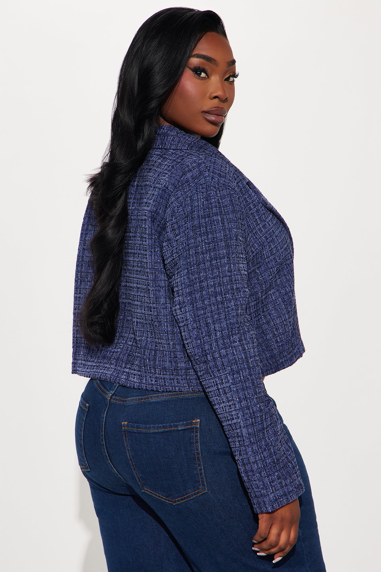 Charlie Tweed Cropped Blazer - Navy - Image 6