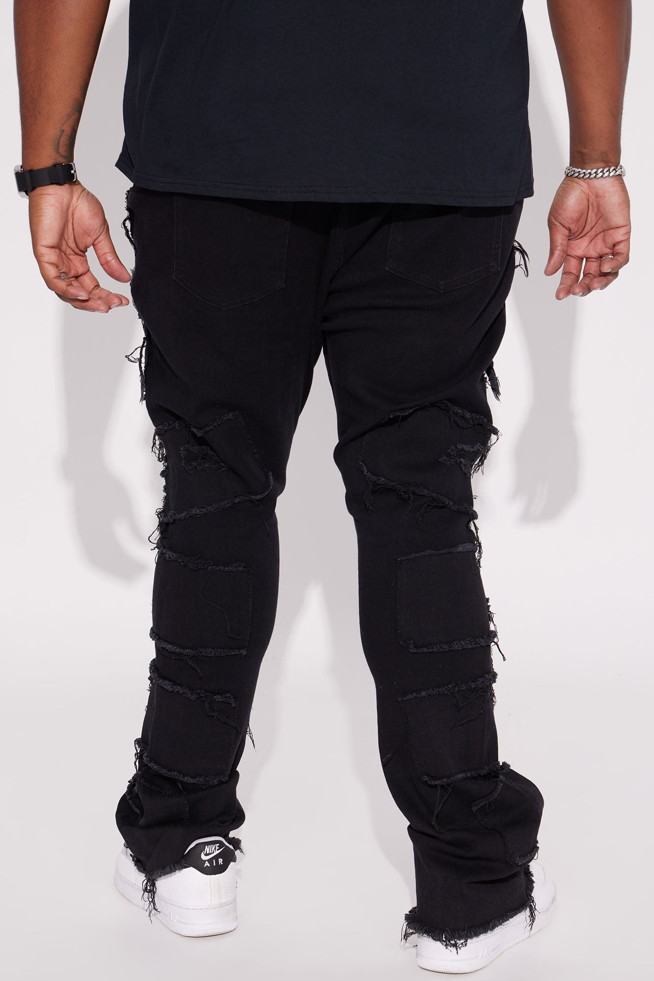 Shredded Stacked Skinny Flared Jeans - Black Wash - Image 8