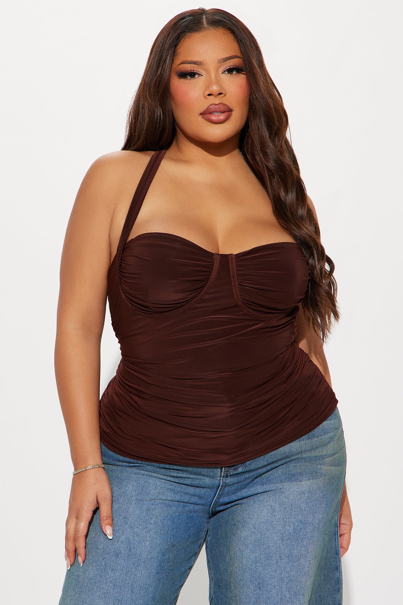 Just A Feeling Ruched Halter Top - Chocolate - Image 4