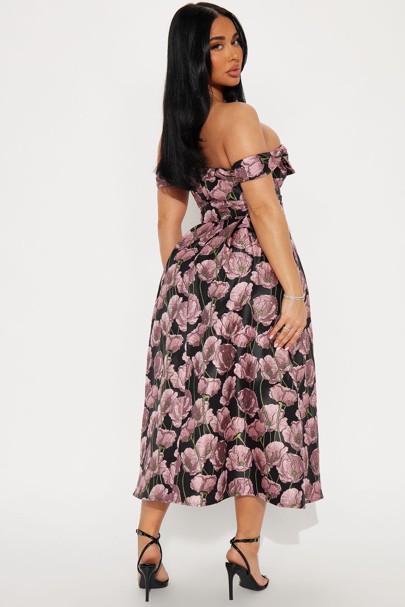 Beautiful Bloom Jacquard Midi Dress - Black/Pink - Image 3