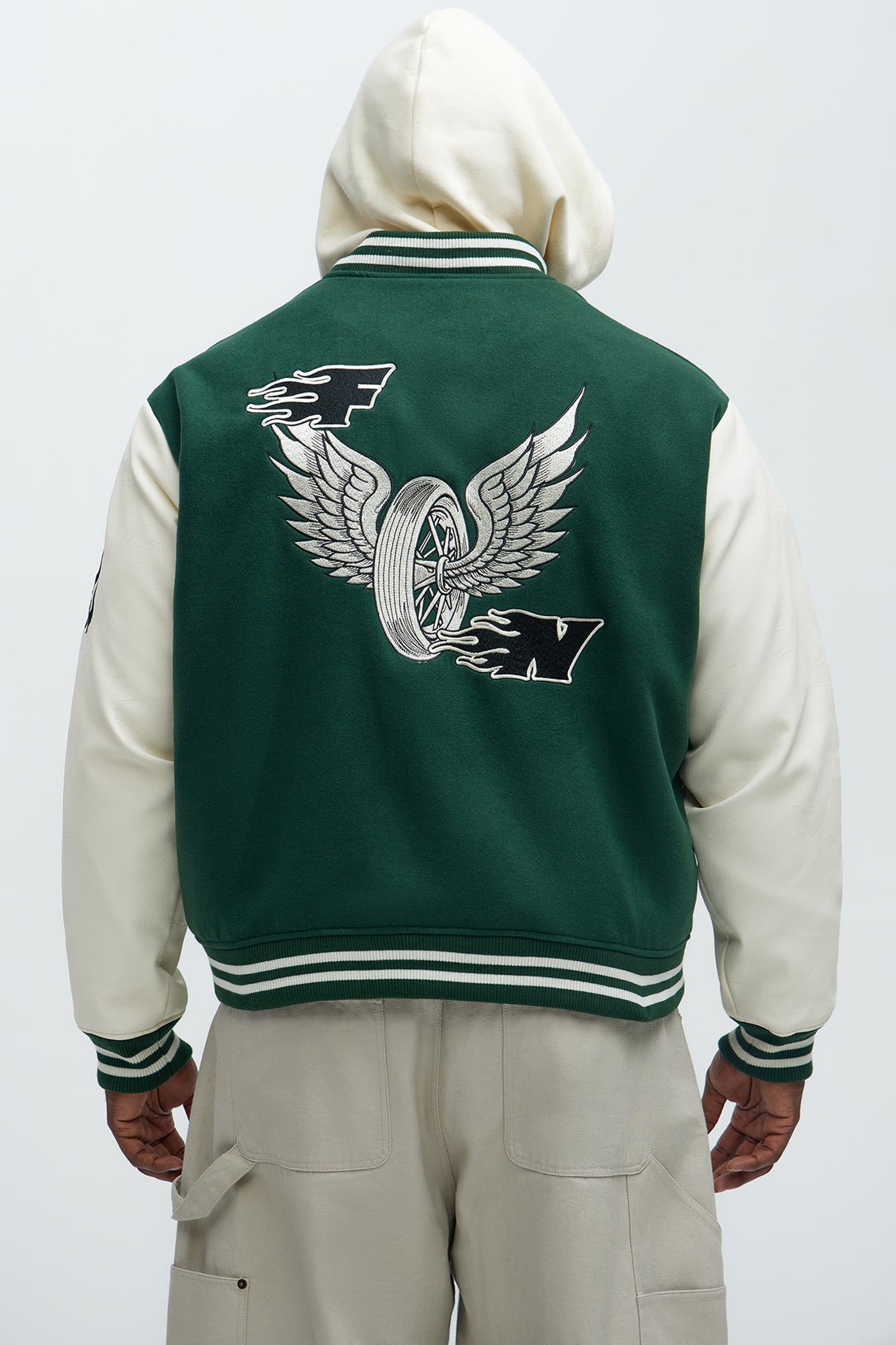Biker Faux Leather Varsity Jacket - Green/combo - Image 12