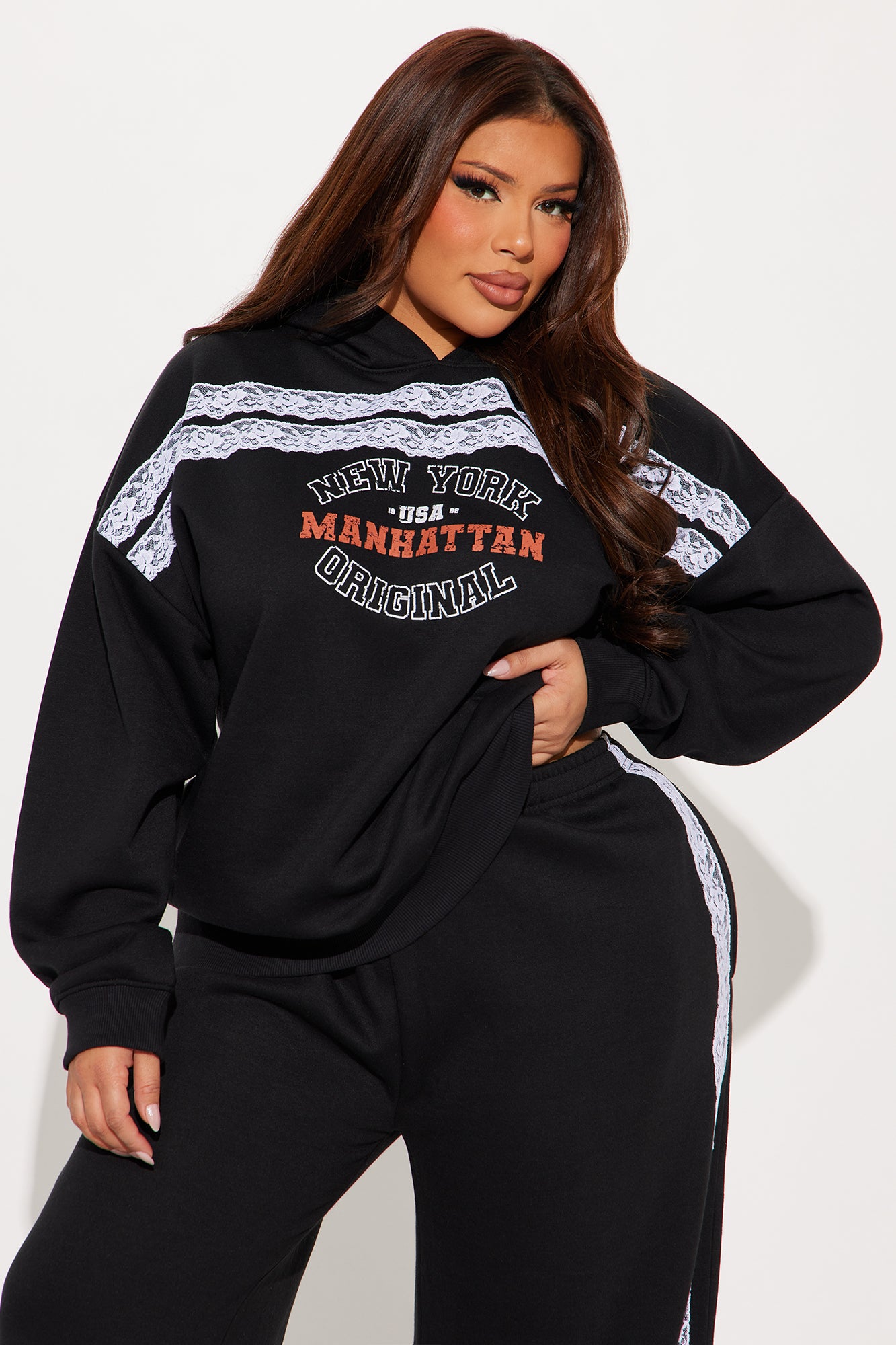 Manhattan Fleece Lace Sweatsuit Set - Black - Image 6