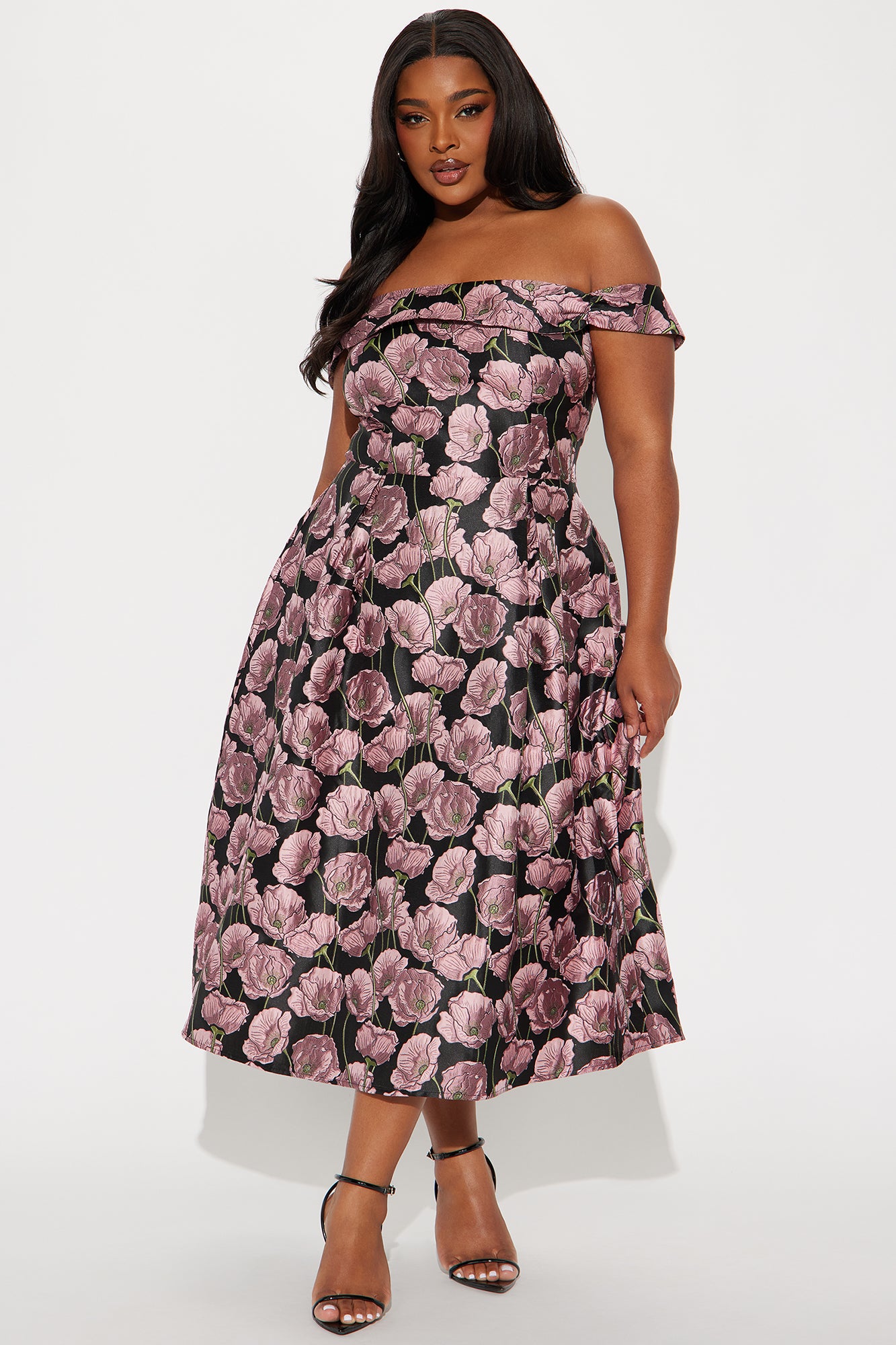 Beautiful Bloom Jacquard Midi Dress - Black/Pink - Image 4