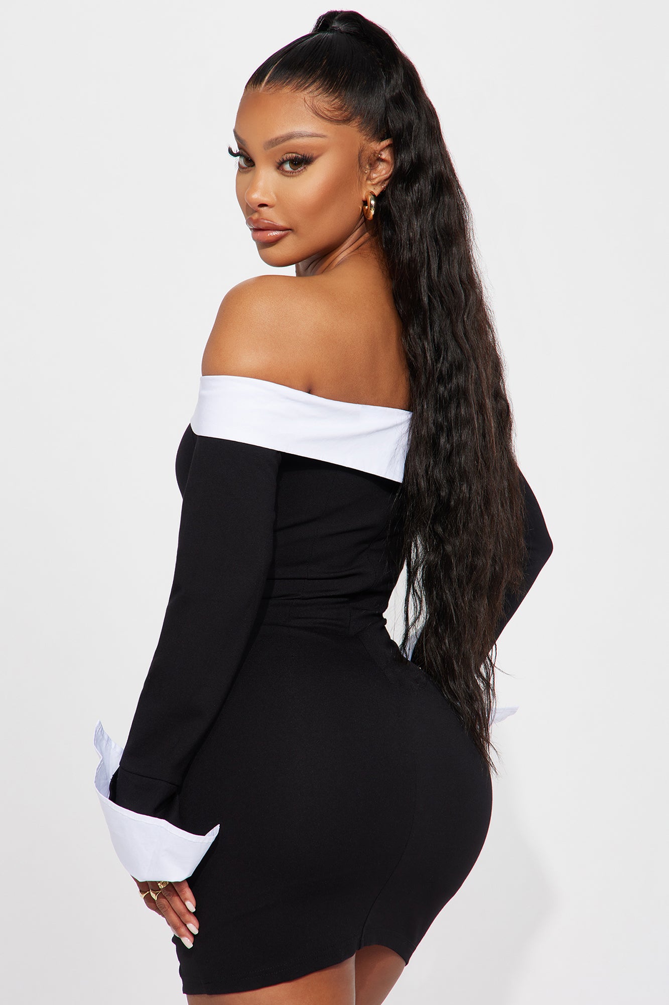Alice Off Shoulder Mini Dress - Black/White - Image 3