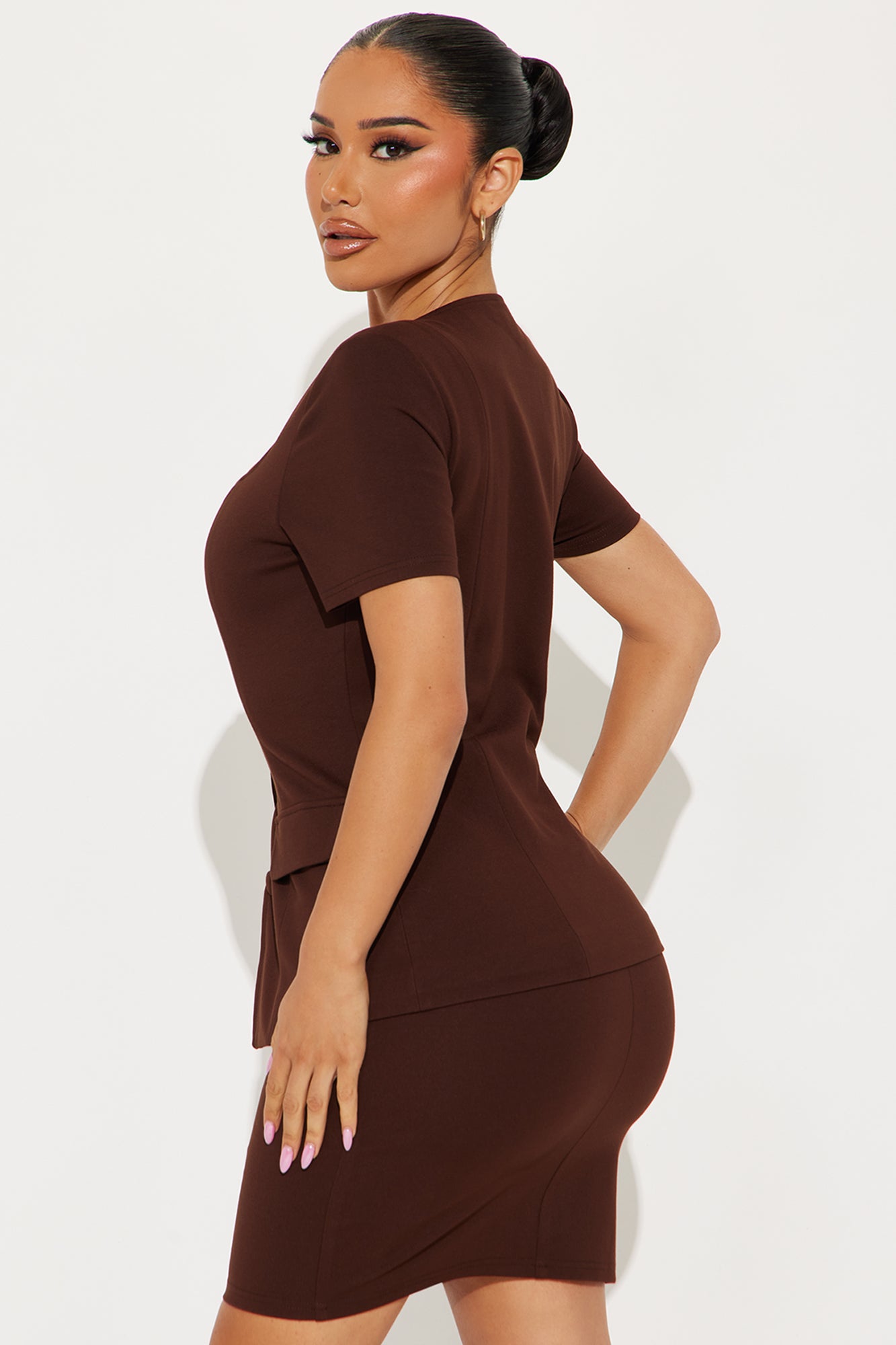 The Mia Double Lined Ponte Button Front Skirt Set - Chocolate - Image 3