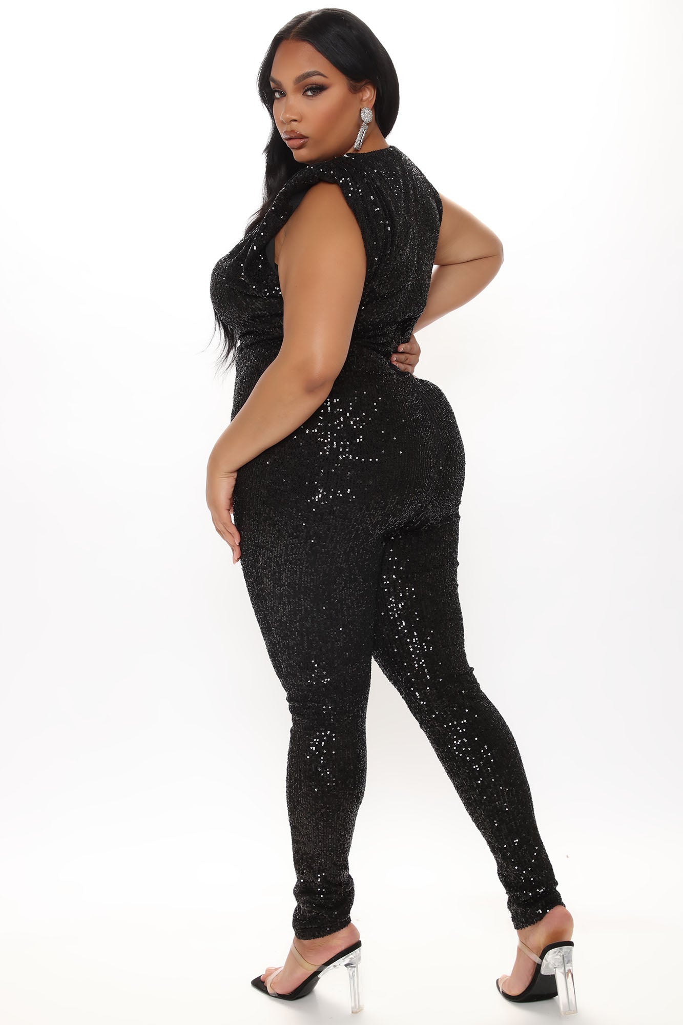 Sparkle And Snatched Shoulder Pad Jumpsuit - Black - Image 6