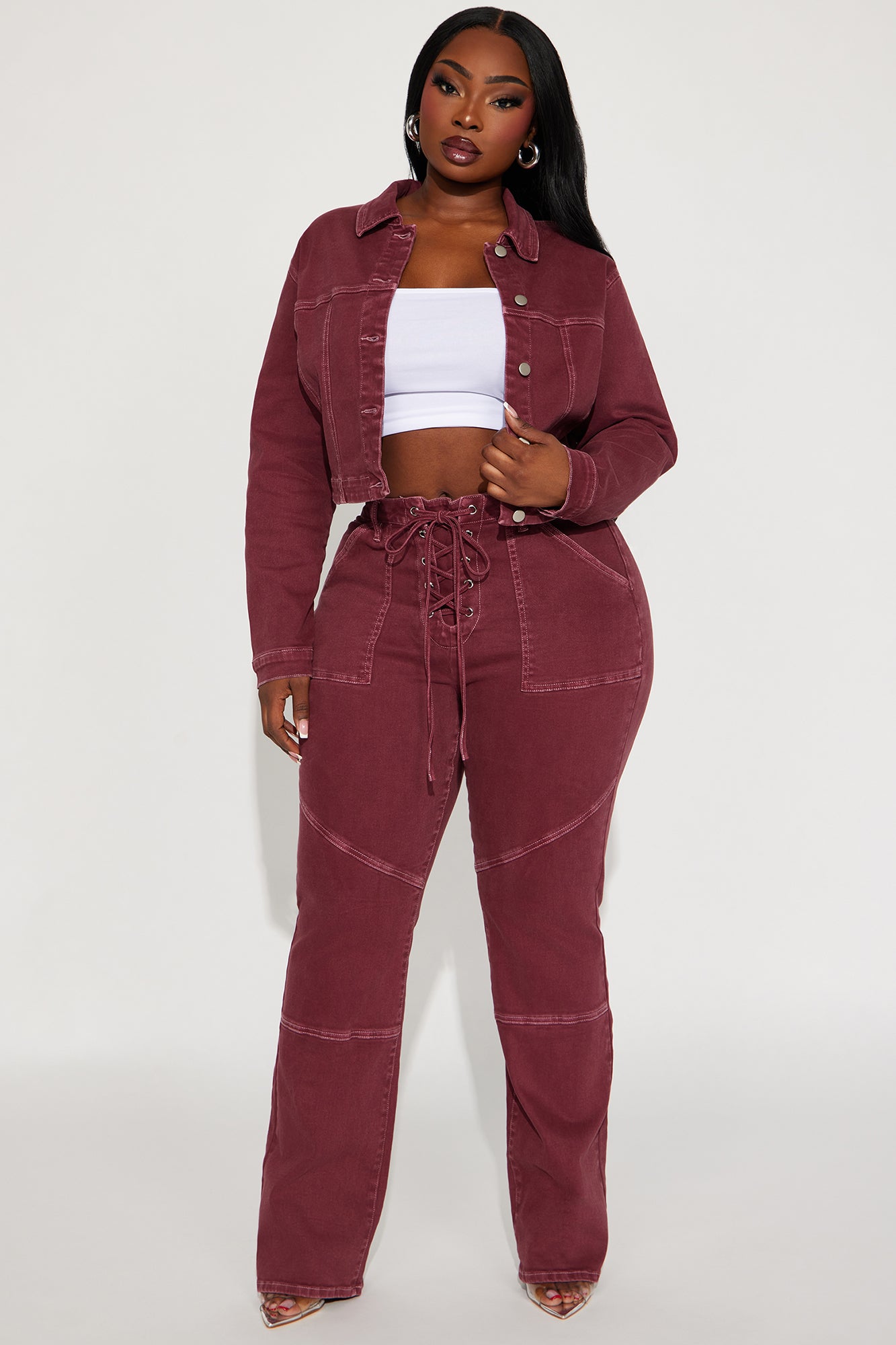 Bordeaux Lace Up Bootcut Jeans - Wine - Image 5