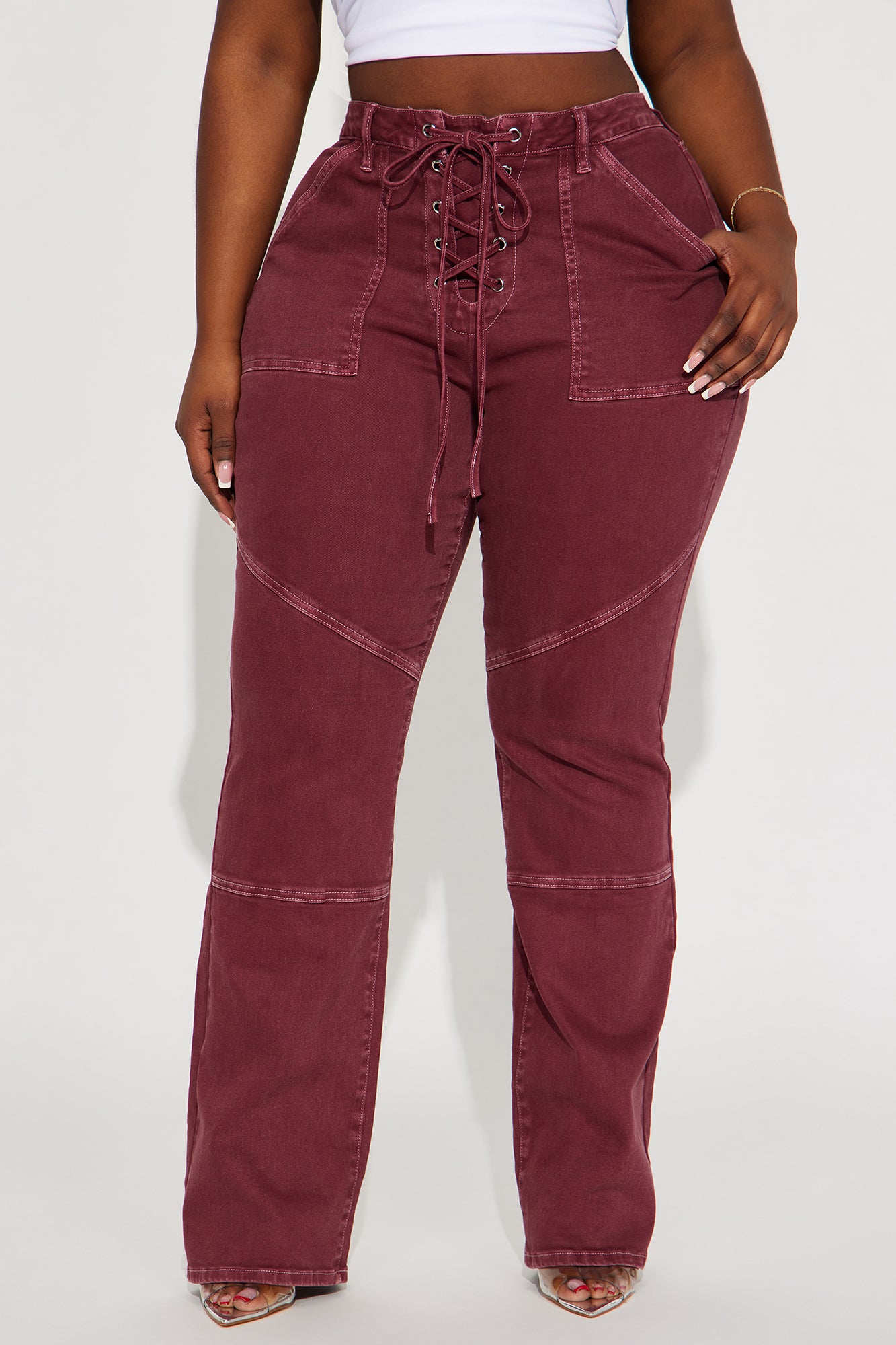 Bordeaux Lace Up Bootcut Jeans - Wine - Image 4