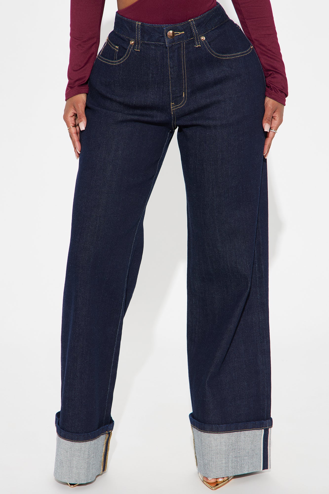 Premium Cuffed Straight Leg Jeans - Dark Wash - Image 3