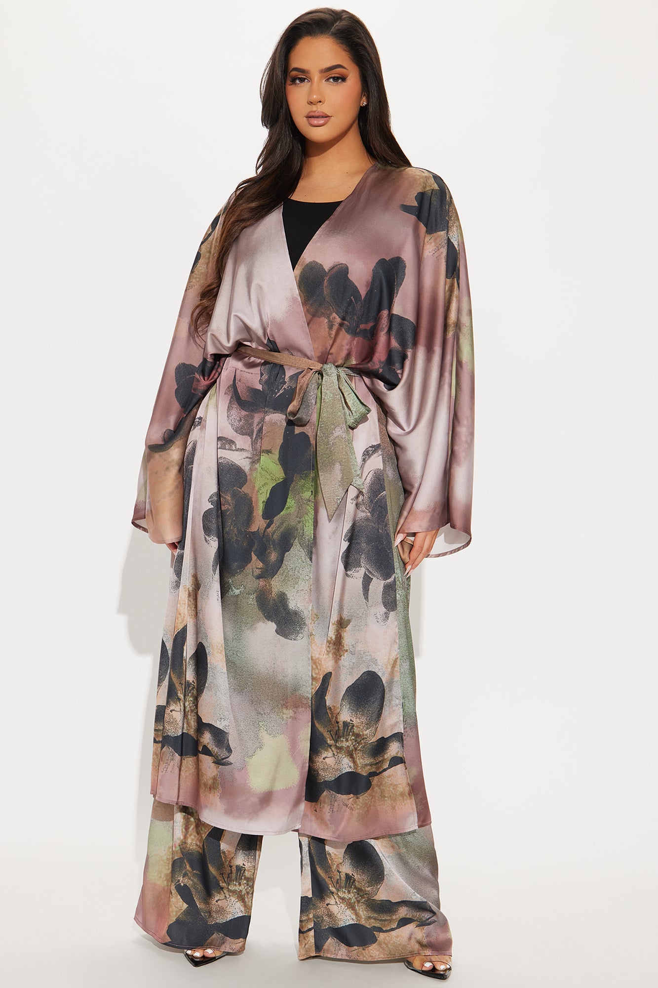 Dark Seduction Satin Kimono Pant Set - Brown/combo - Image 5