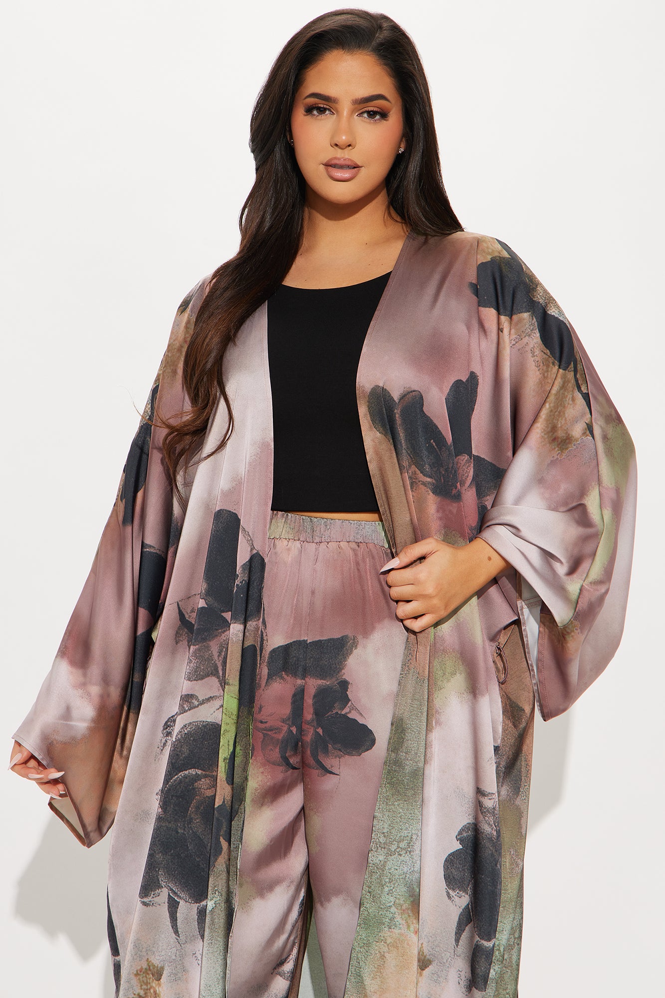 Dark Seduction Satin Kimono Pant Set - Brown/combo - Image 6