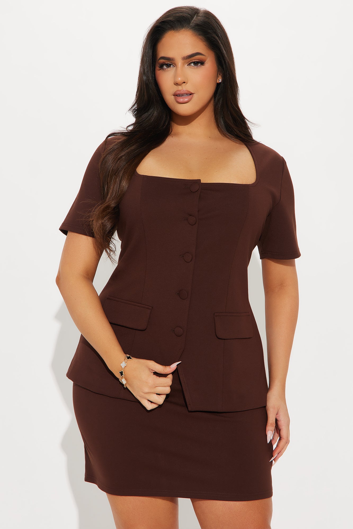 The Mia Double Lined Ponte Button Front Skirt Set - Chocolate - Image 5