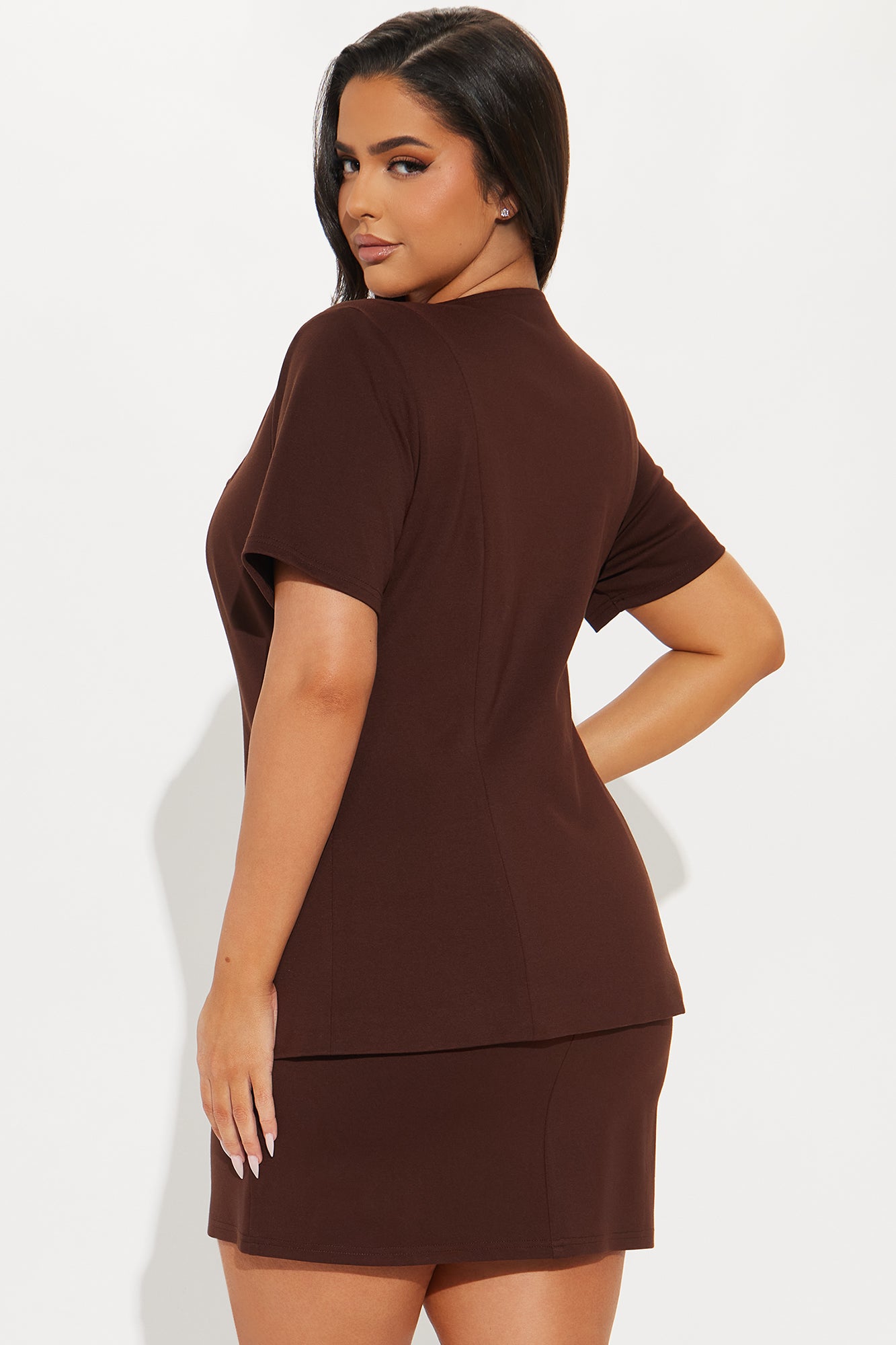 The Mia Double Lined Ponte Button Front Skirt Set - Chocolate - Image 6