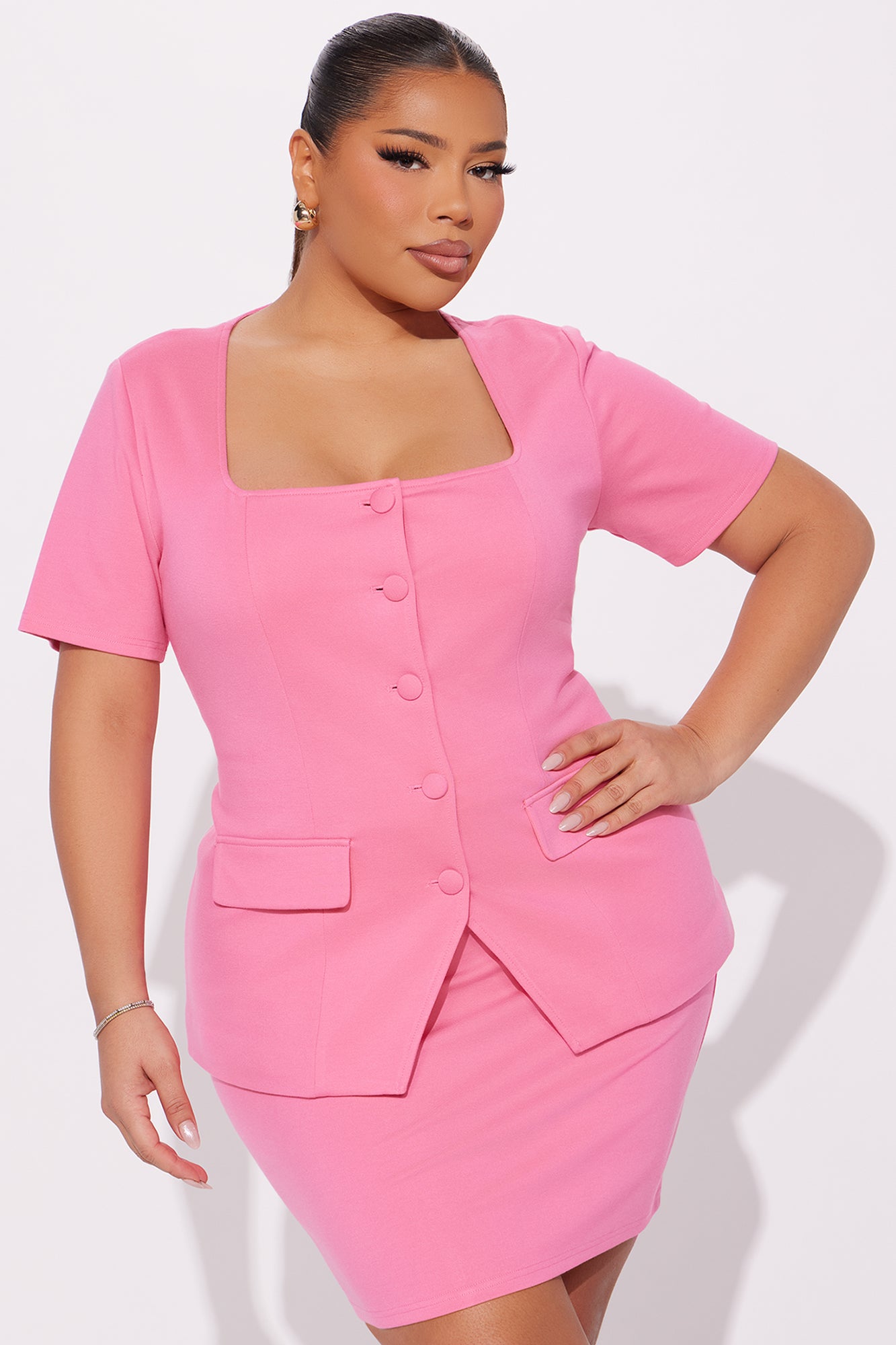 The Mia Double Lined Ponte Button Front Skirt Set - Pink - Image 5