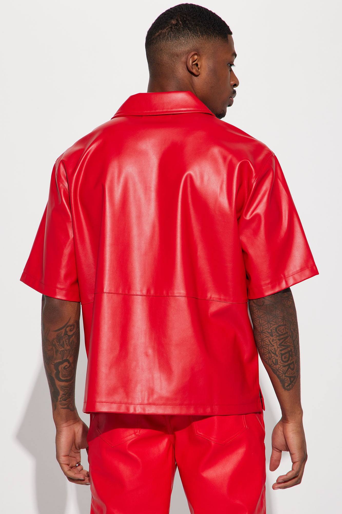Slam Dunk Faux Leather Short Sleeve Button Up - Red - Image 4