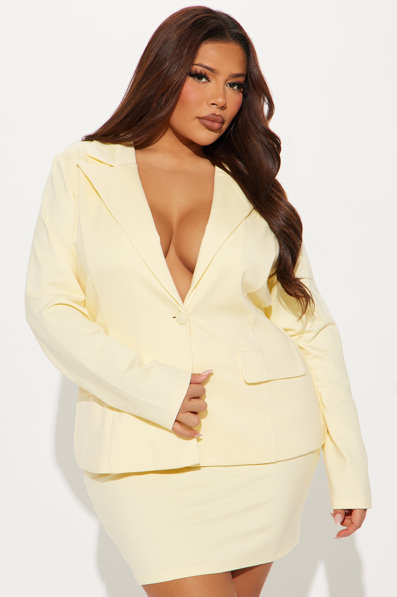 The Mia Double Lined Ponte Blazer Skirt Set - Butter Yellow - Image 4