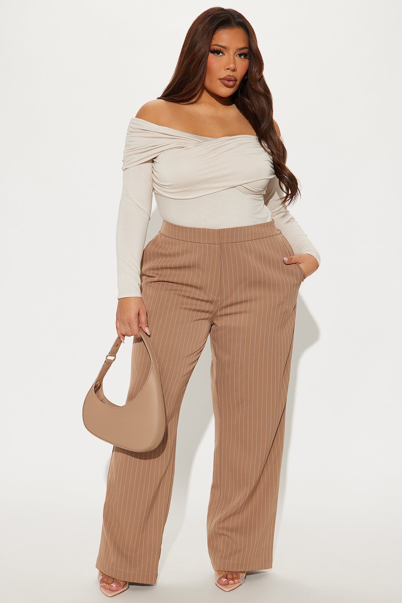 Aiden Pinstripe Wide Leg Trouser - Khaki - Image 4