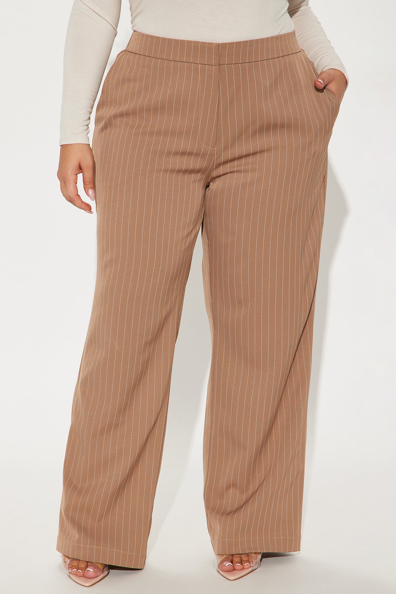 Aiden Pinstripe Wide Leg Trouser - Khaki - Image 5