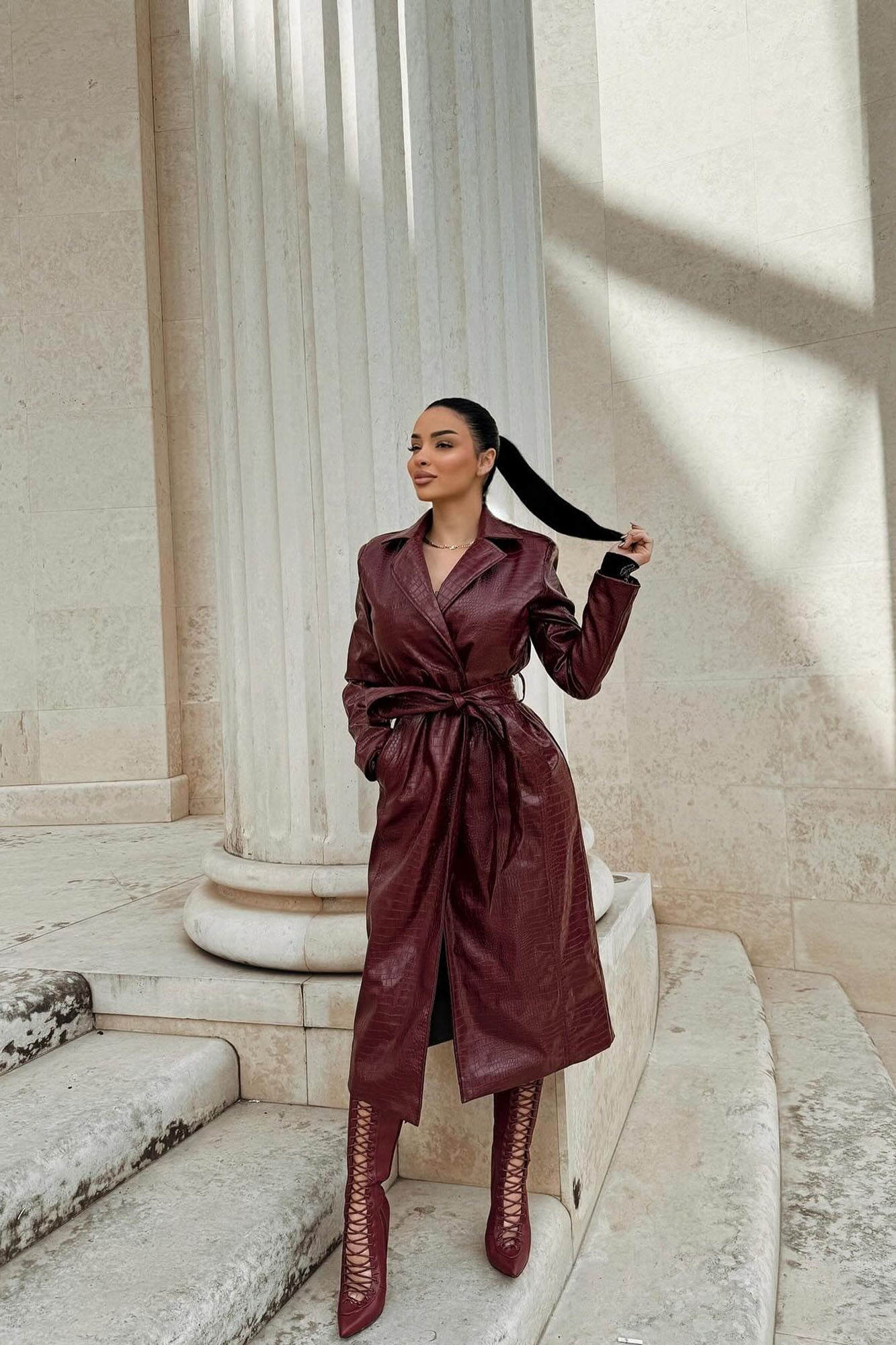 Victoria Faux Leather Trench Coat - Burgundy - Image 14