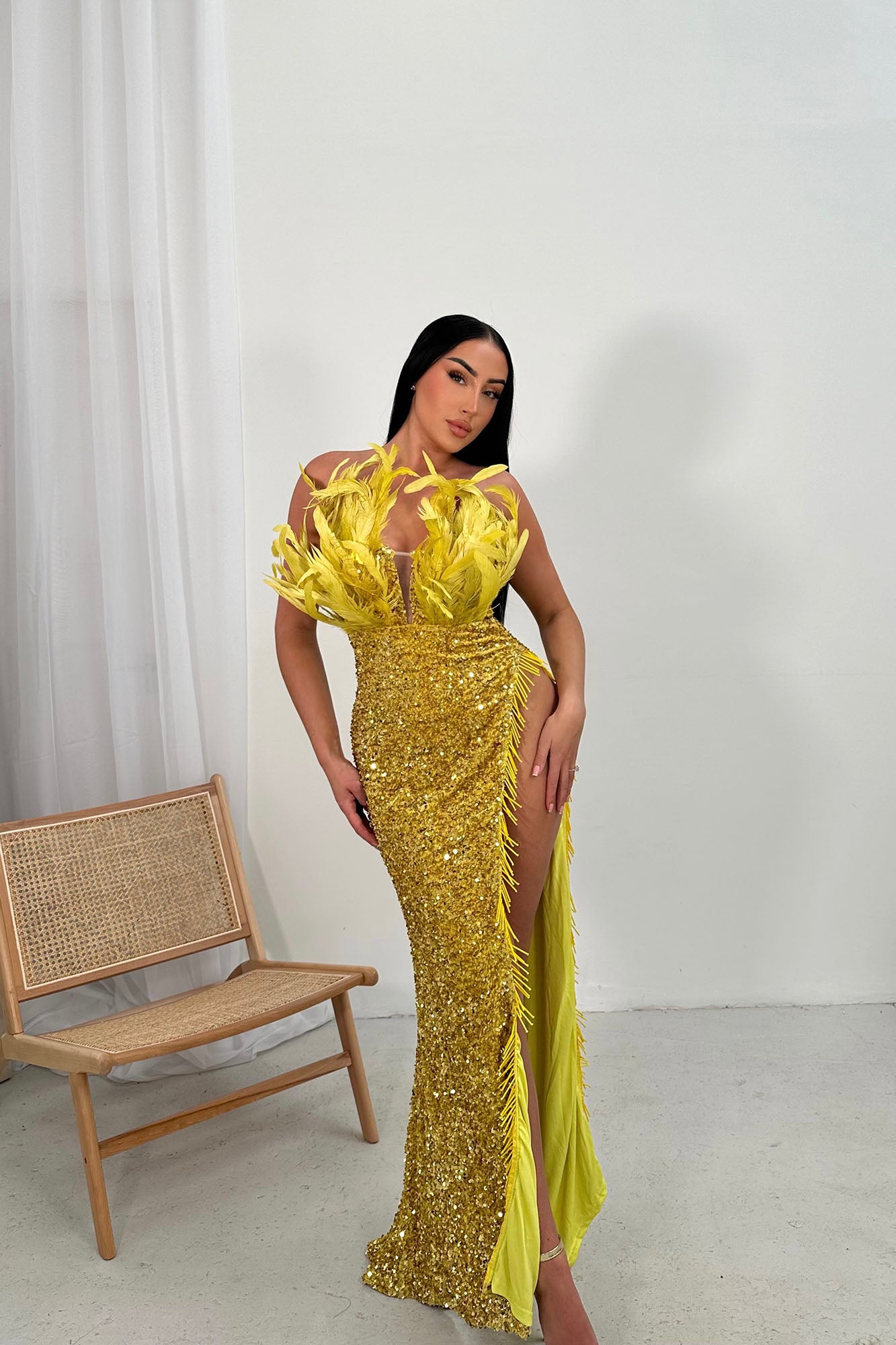 Angelina Feather Sequin Maxi Dress - Chartreuse - Image 5