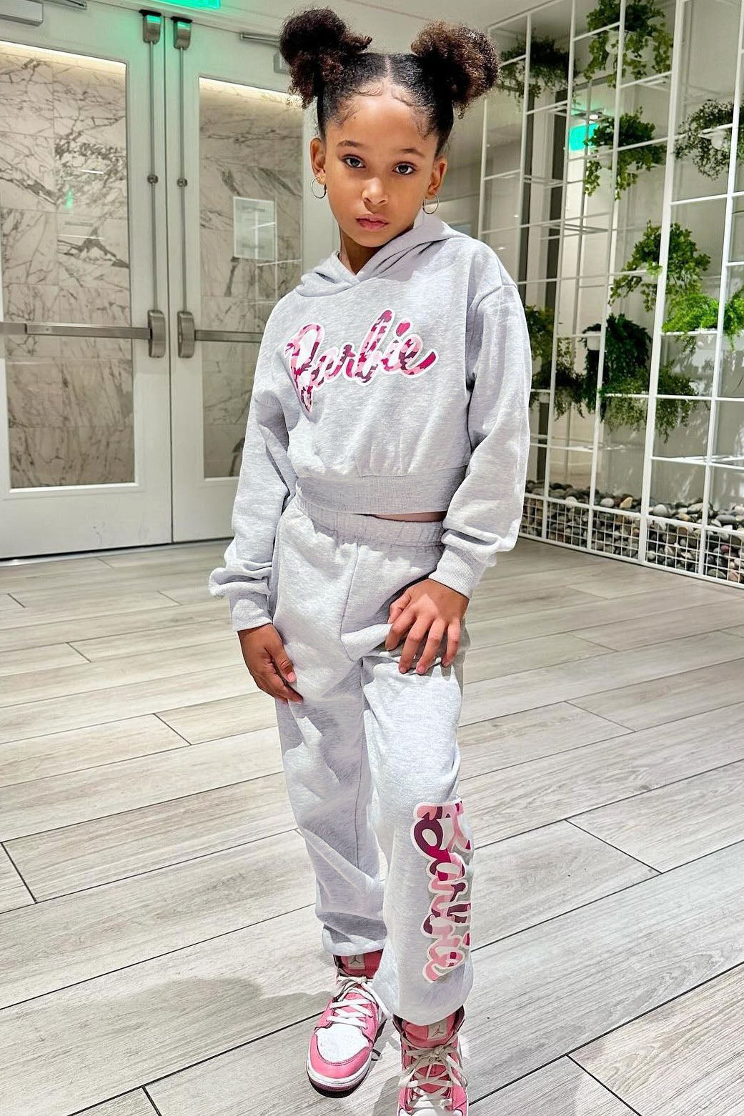 Mini Barbie Girl Fleece Jogger Set - Heather Grey - Image 3